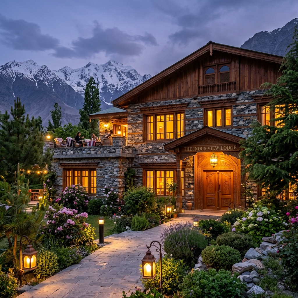 Tibet Hotel Skardu exterior at dusk with mountain backdrop