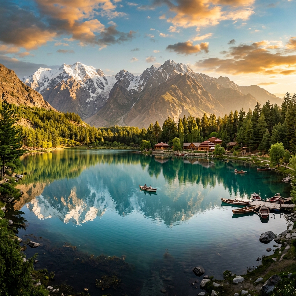 Shangrila Lake with boats and mountains